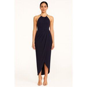 NWT Shona Joy High Neck Ruched Draped Maxi Dress Navy Blue
